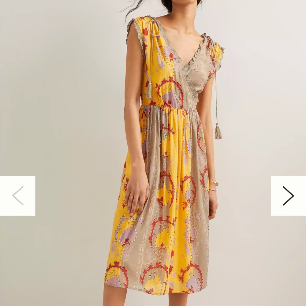 Anthropologie LetMeBe Beaded Floral Yellow and Beige Dress XL